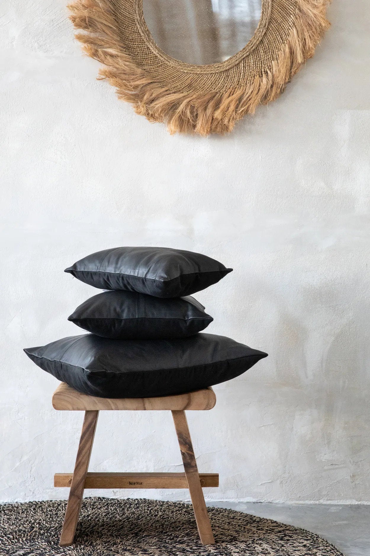 The Four Panel Leather Cushion Cover - Black - 60x60